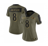 Women's Baltimore Ravens Lamar Jackson Football Olive 2021 Salute To Service Limited Player Jersey