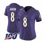 Women's Nike Baltimore Ravens #8 Lamar Jackson Purple Team Color Vapor Untouchable Limited Player 100th Season NFL Jersey
