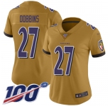 Women's Nike Ravens #27 J.K. Dobbins Gold  Stitched NFL Limited Inverted Legend 100th Season Jersey