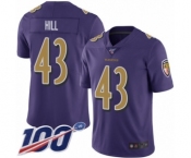 Youth Baltimore Ravens #43 Justice Hill Limited Purple Rush Vapor Untouchable 100th Season Football Jersey