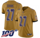 Youth Nike Ravens #27 J.K. Dobbins Gold Stitched NFL Limited Inverted Legend 100th Season Jersey