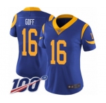 Women's Los Angeles Rams #16 Jared Goff Royal Blue Alternate Vapor Untouchable Limited Player 100th Season Football Jersey