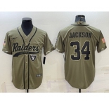 Men's Las Vegas Raiders #34 Bo Jackson 2022 Olive Salute to Service Cool Base Stitched Baseball Jersey