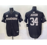 Men's Las Vegas Raiders #34 Bo Jackson Black With Nevada Silver Stat Patch And 65th Anniversary Patch 3-Star C Patch Stitched Baseball Jersey