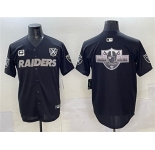 Men's Las Vegas Raiders Team Big Logo Black With Nevada Silver Stat Patch And 65th Anniversary Patch 3-Star C Patch Stitched Baseball Jersey