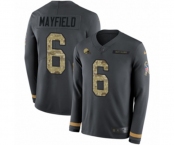 Youth Nike Cleveland Browns #6 Baker Mayfield Limited Black Salute to Service Therma Long Sleeve NFL Jersey